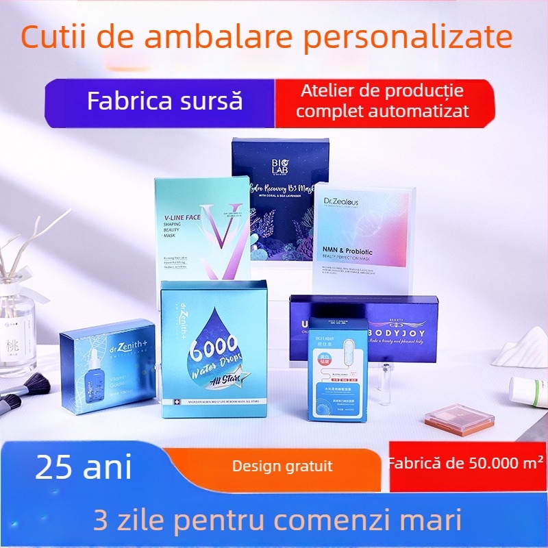 Cutie de ambalaj cosmetic din carton argintiu cu imprimare UV, pentru măști faciale și îngrijire a pielii