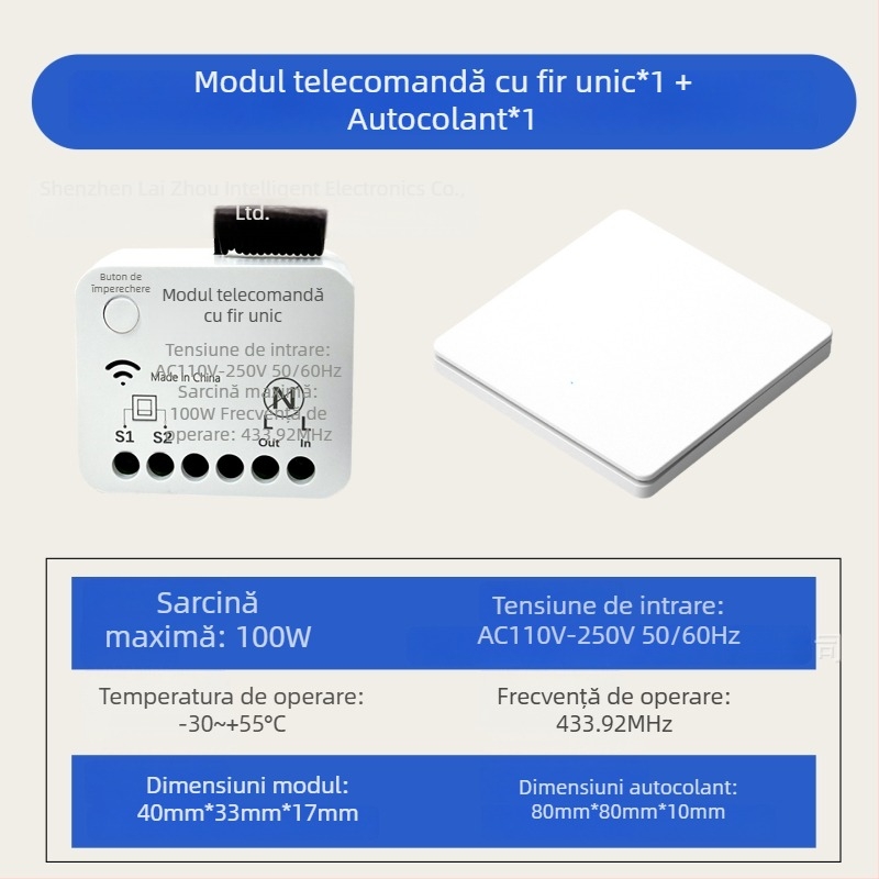 Modul wireless 433 MHz pentru control de la distanță, montaj fără cabluri, control cu un singur buton pentru iluminat casnic 220 V