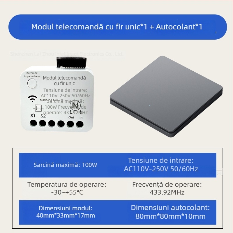 Modul wireless 433 MHz pentru control de la distanță, montaj fără cabluri, control cu un singur buton pentru iluminat casnic 220 V