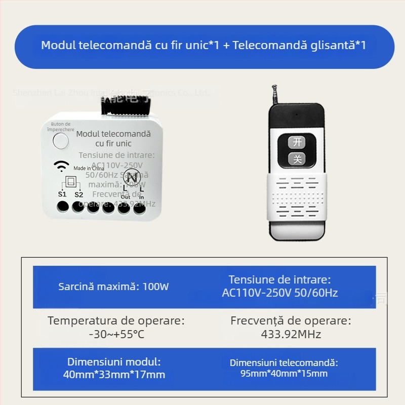 Modul wireless 433 MHz pentru control de la distanță, montaj fără cabluri, control cu un singur buton pentru iluminat casnic 220 V