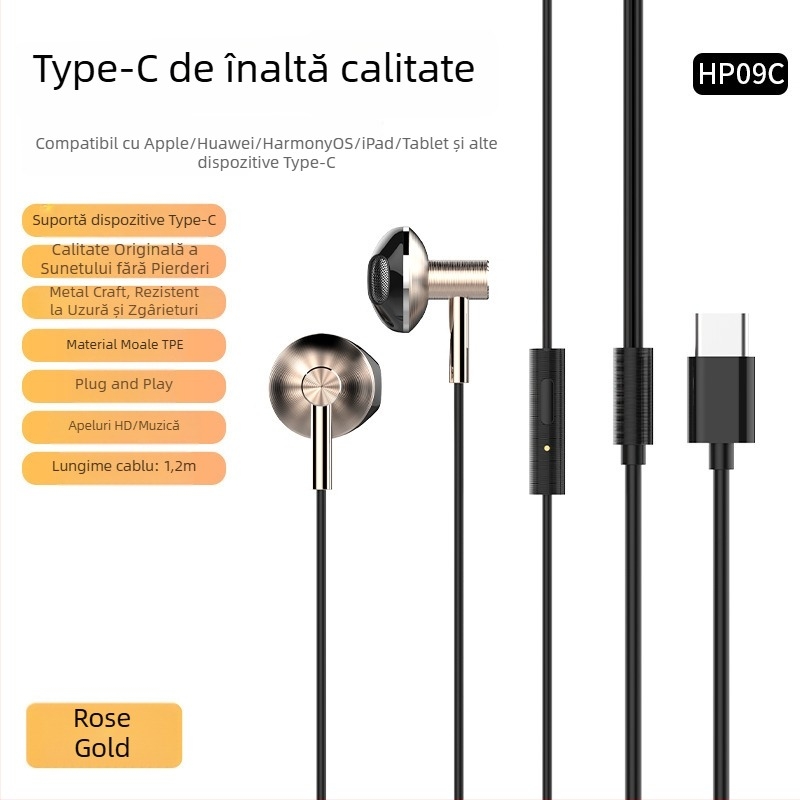 Căști in-ear cu fir, 3,5 mm, interfață Type-C, carcasă metalică, pentru gaming și muzică – Lidenuo