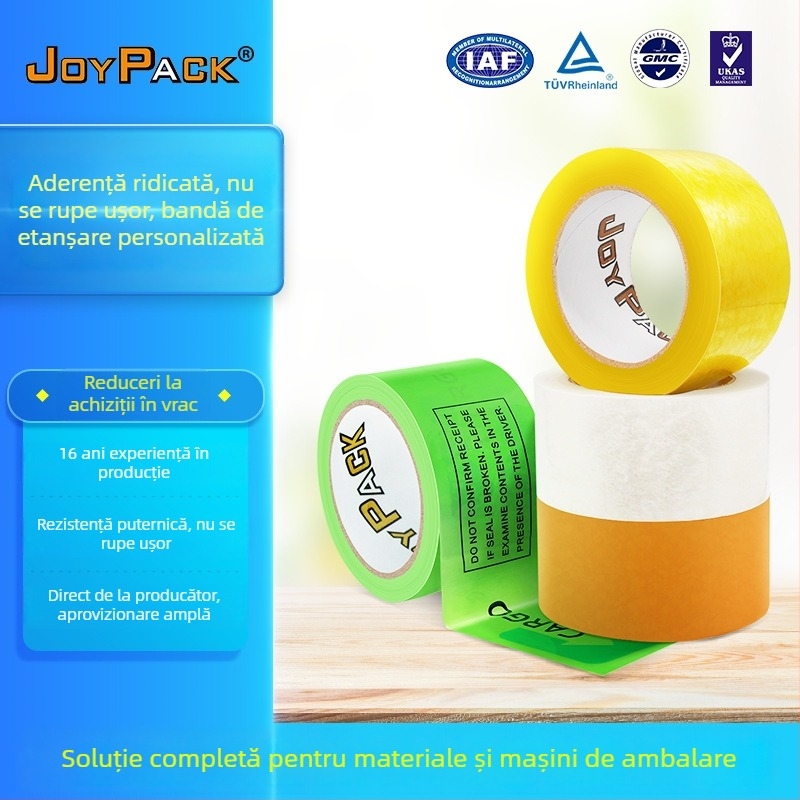 Bandă transparentă de ambalare BOPP, 40 µm, lățime 45/48/55 mm, lungime 50/100 m, adeziv pe bază de apă, personalizare disponibilă