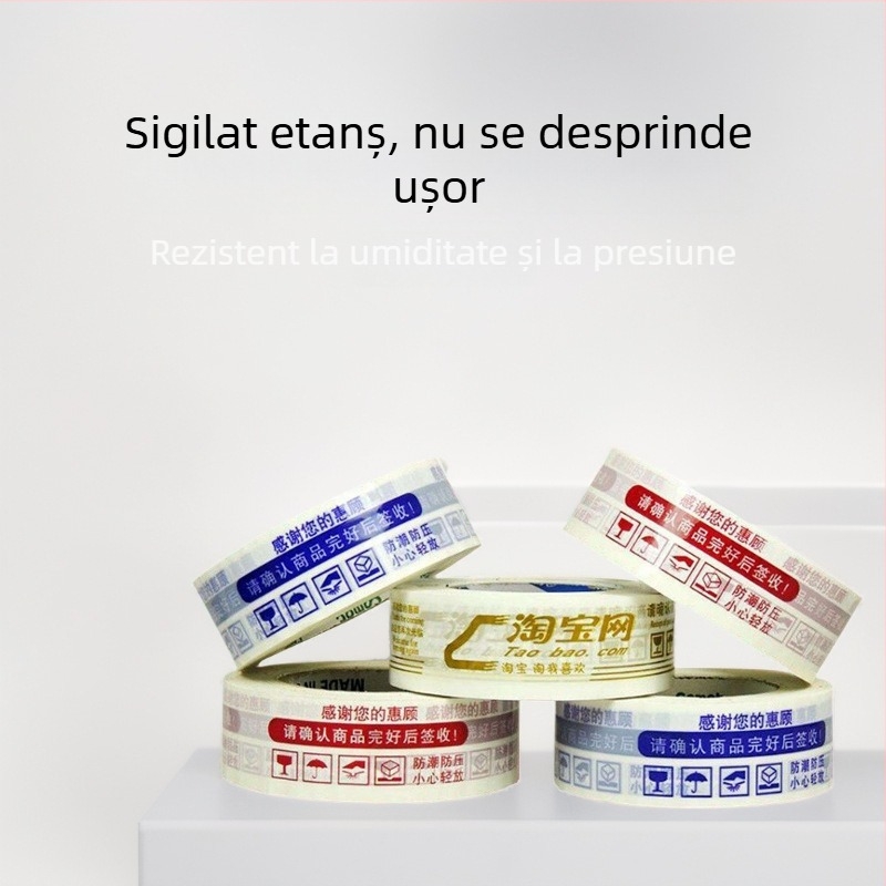 Bandă transparentă de ambalare BOPP, 40 µm, lățime 45/48/55 mm, lungime 50/100 m, adeziv pe bază de apă, personalizare disponibilă