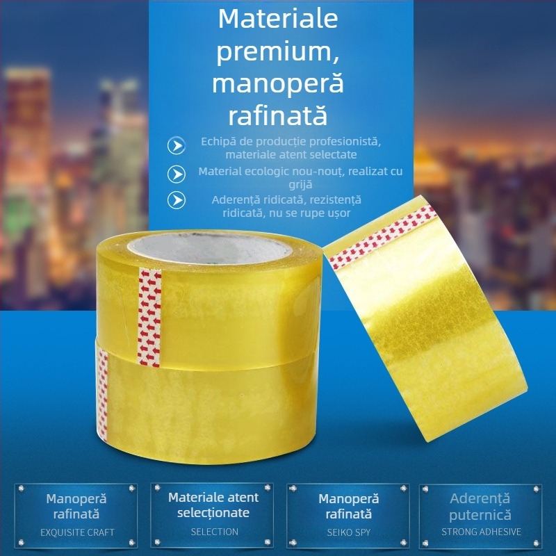 Bandă transparentă de ambalare BOPP, 40 µm, lățime 45/48/55 mm, lungime 50/100 m, adeziv pe bază de apă, personalizare disponibilă