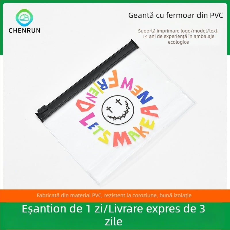Geantă cosmetică din PVC cu fermoar, imprimare cu litere desenate pentru femei