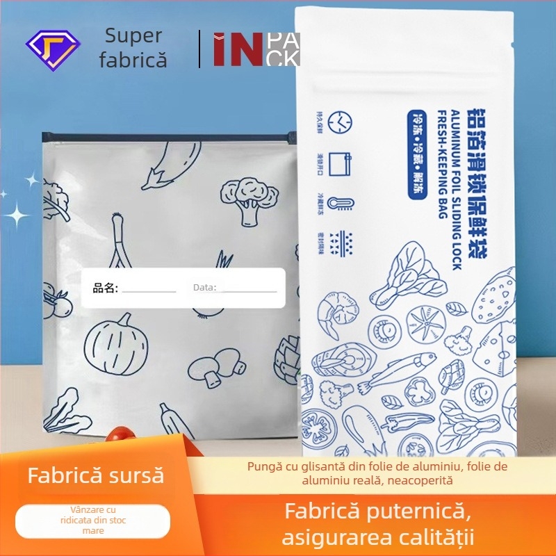 Pungă din folie de aluminiu cu sigiliu cu fermoar, pentru depozitare în congelator și frigider, pachet 10 buc.