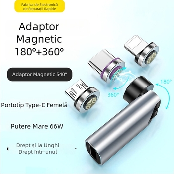 Adaptor magnetic rotativ Type-C de 540° pentru transfer de date și încărcare rapidă de 3A, adaptor cablu magnetic