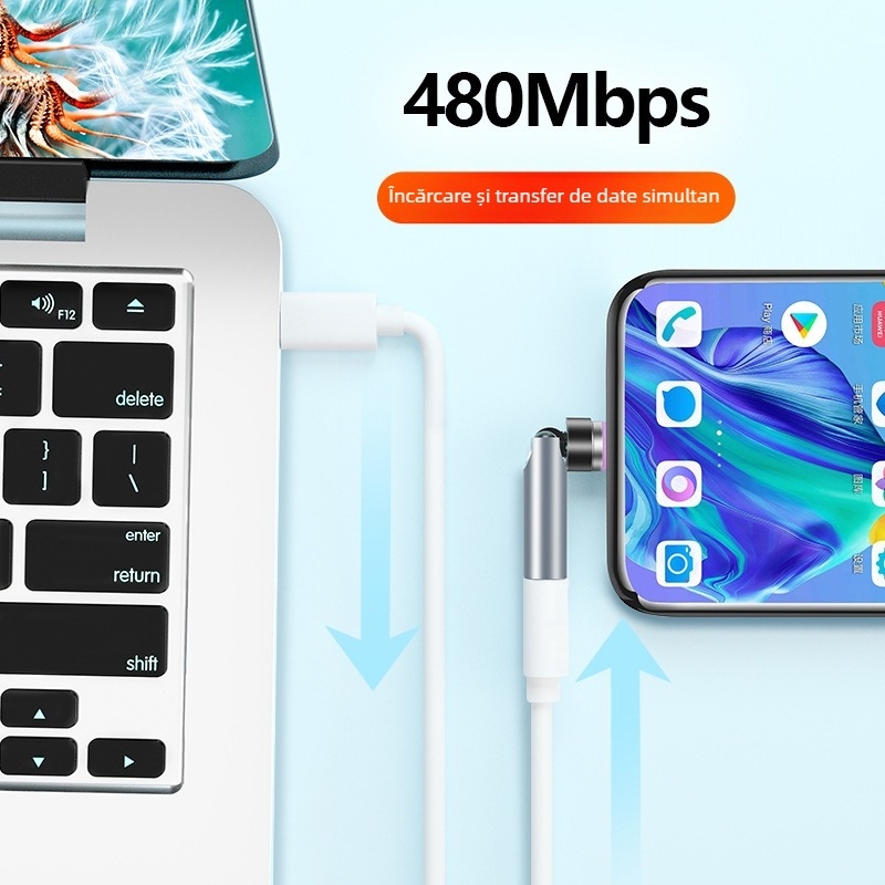 Adaptor magnetic rotativ Type-C de 540° pentru transfer de date și încărcare rapidă de 3A, adaptor cablu magnetic