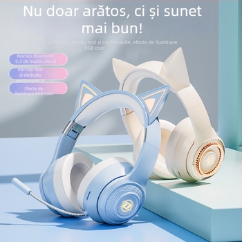 Căști wireless cu urechi de pisică, Bluetooth, microfon, pentru gaming și streaming