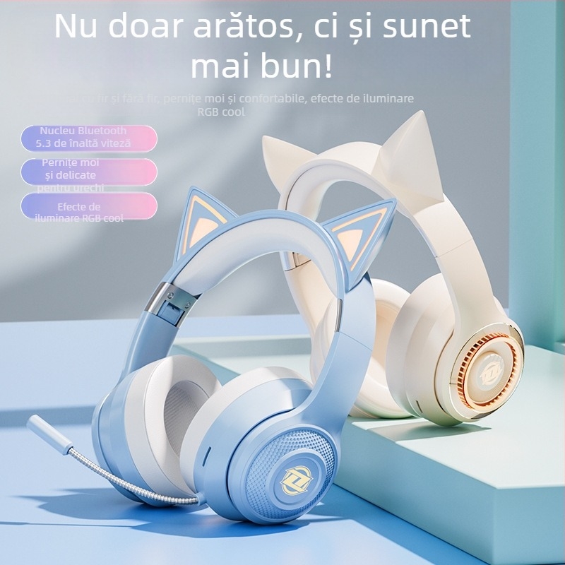 Căști wireless cu urechi de pisică, Bluetooth, microfon, pentru gaming și streaming