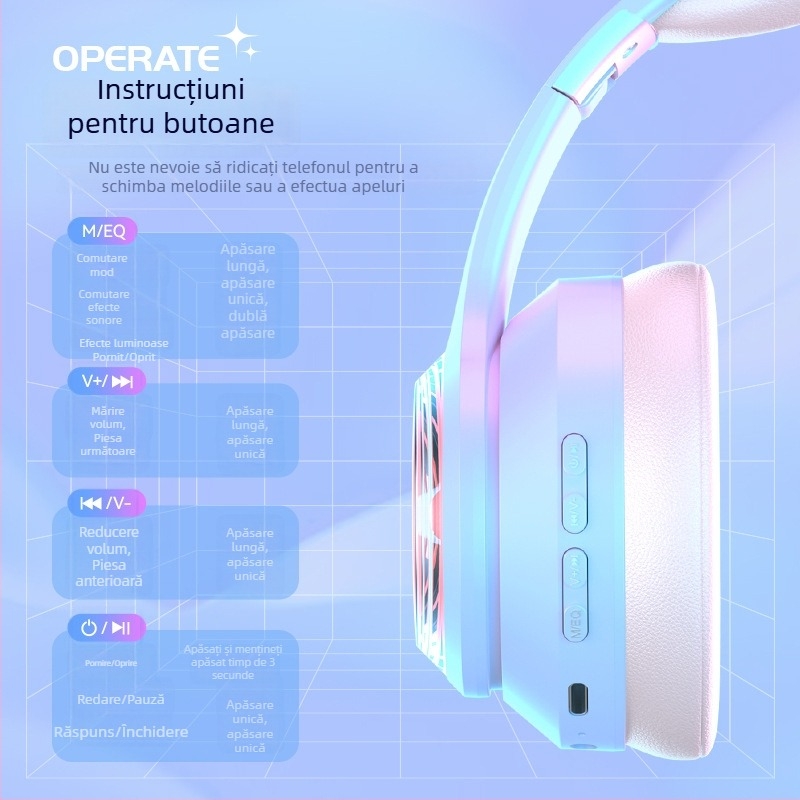 Căști wireless cu urechi de pisică, Bluetooth, microfon, pentru gaming și streaming