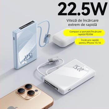 Baterie externă 10000 mAh cu cablu împletit încorporat, pentru exterior, afișaj digital LCD, încărcare rapidă PD 3.0