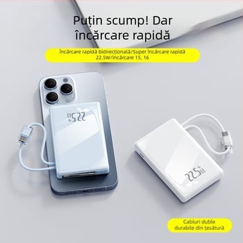 Baterie externă 10000 mAh cu cablu împletit încorporat, pentru exterior, afișaj digital LCD, încărcare rapidă PD 3.0