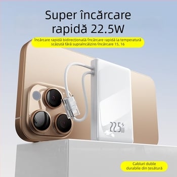 Baterie externă 10000 mAh cu cablu împletit încorporat, pentru exterior, afișaj digital LCD, încărcare rapidă PD 3.0