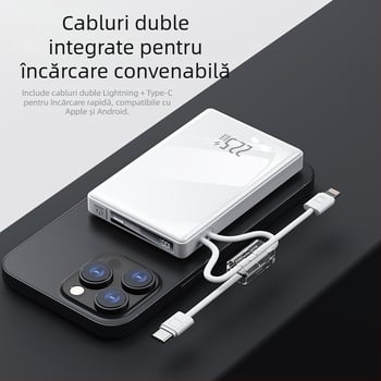 Baterie externă 10000 mAh cu cablu împletit încorporat, pentru exterior, afișaj digital LCD, încărcare rapidă PD 3.0