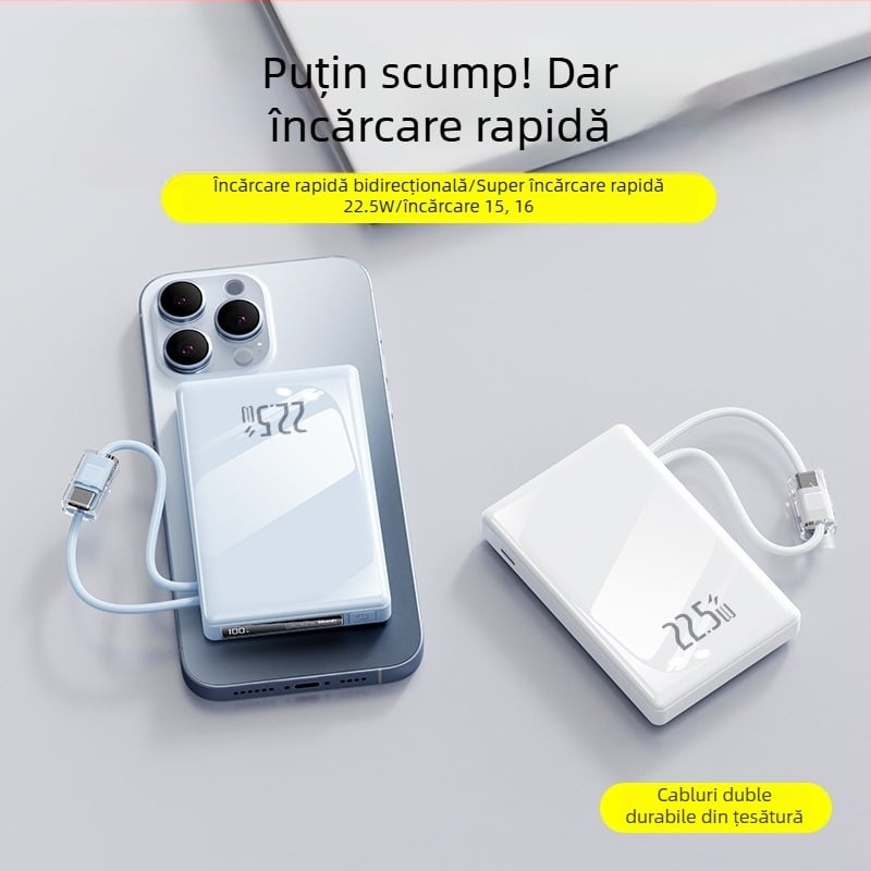 Baterie externă 10000 mAh cu cablu împletit încorporat, pentru exterior, afișaj digital LCD, încărcare rapidă PD 3.0
