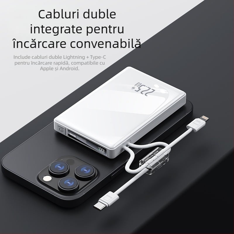 Baterie externă 10000 mAh cu cablu împletit încorporat, pentru exterior, afișaj digital LCD, încărcare rapidă PD 3.0