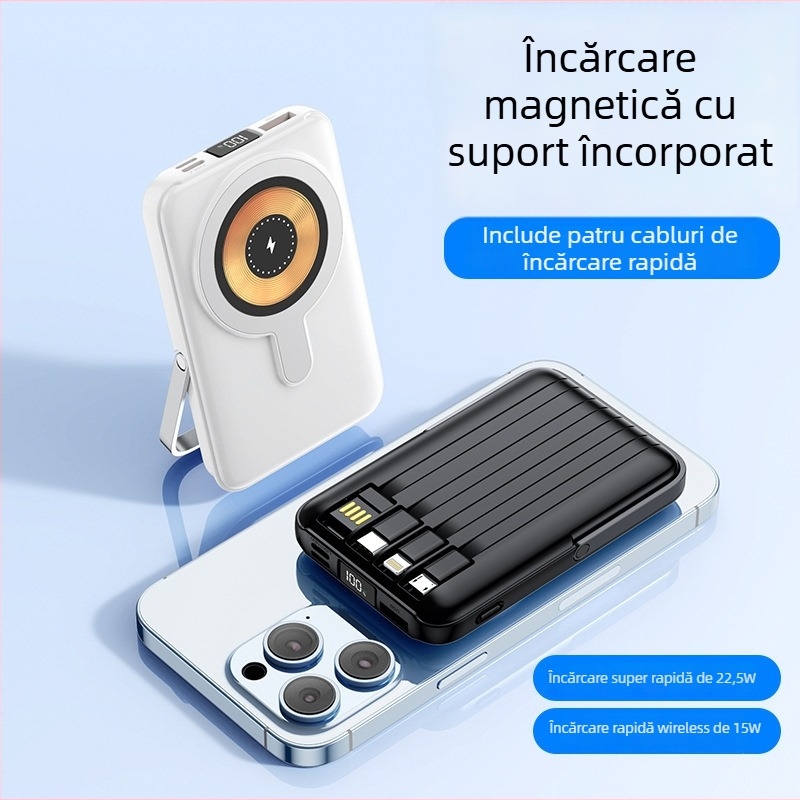 Baterie externă magnetică de 10000mAh, cu patru cabluri încorporate, compactă și portabilă