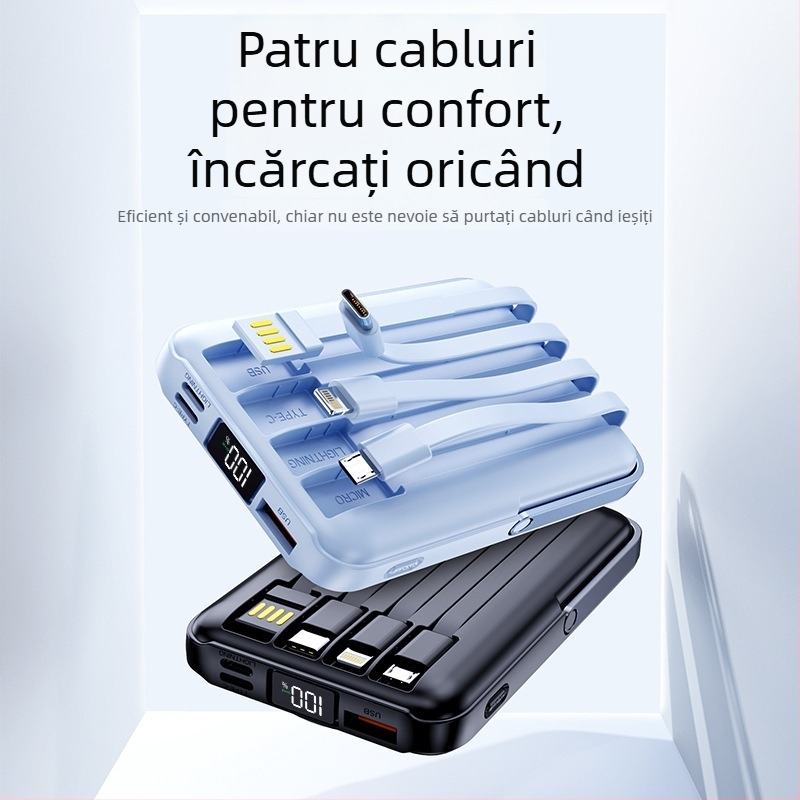 Baterie externă magnetică de 10000mAh, cu patru cabluri încorporate, compactă și portabilă