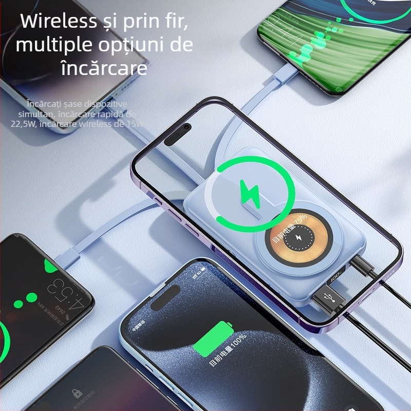 Baterie externă magnetică de 10000mAh, cu patru cabluri încorporate, compactă și portabilă