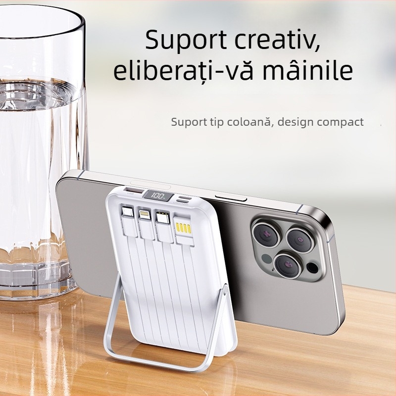 Baterie externă magnetică de 10000mAh, cu patru cabluri încorporate, compactă și portabilă