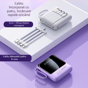 Baterie externă cu cablu încorporat, 20000mAh, încărcare rapidă, compactă