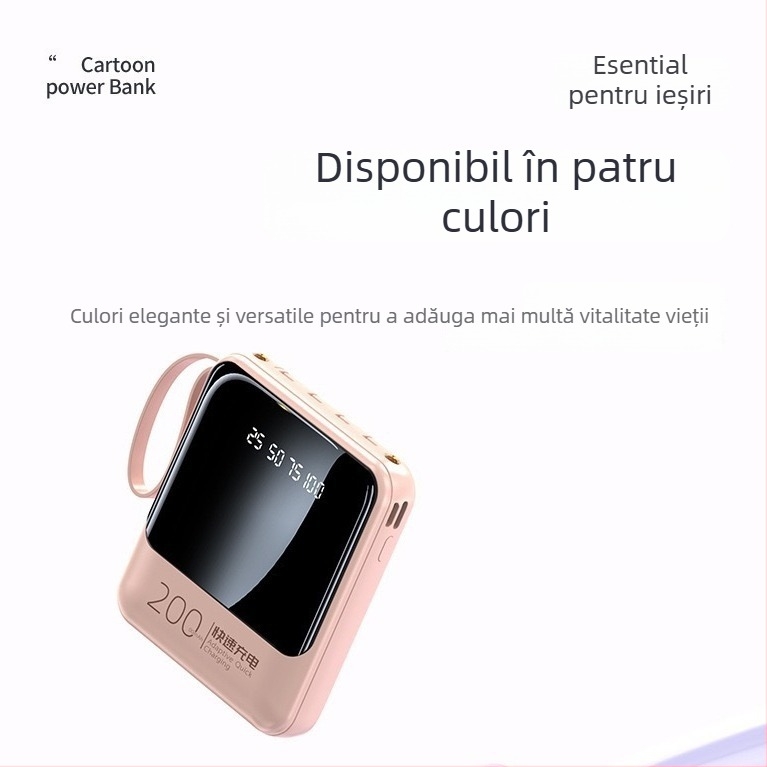 Baterie externă cu cablu încorporat, 20000mAh, încărcare rapidă, compactă