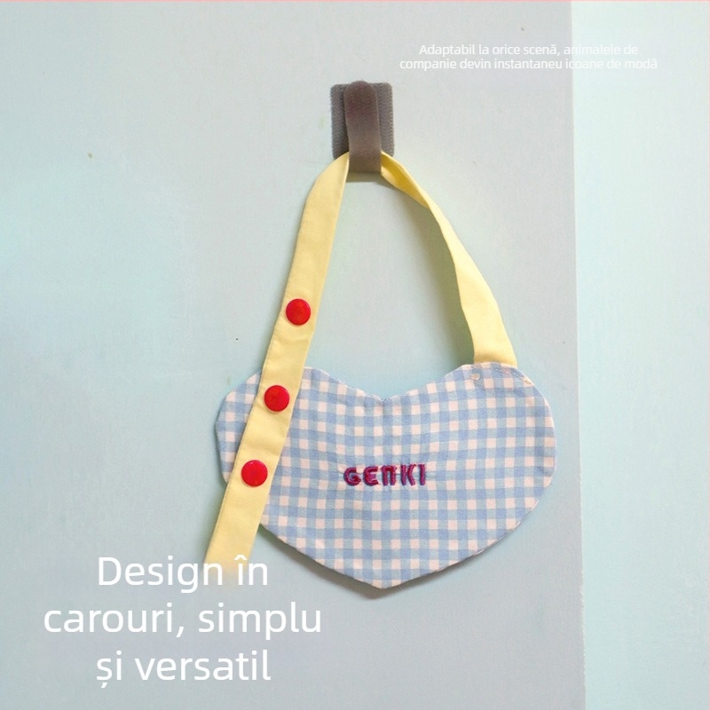 Bib pentru animale de companie cu inimă în carouri, stil coreean, design minimalist, reglabil, pentru pisici și câini, rezistent la pete și ușor de spălat