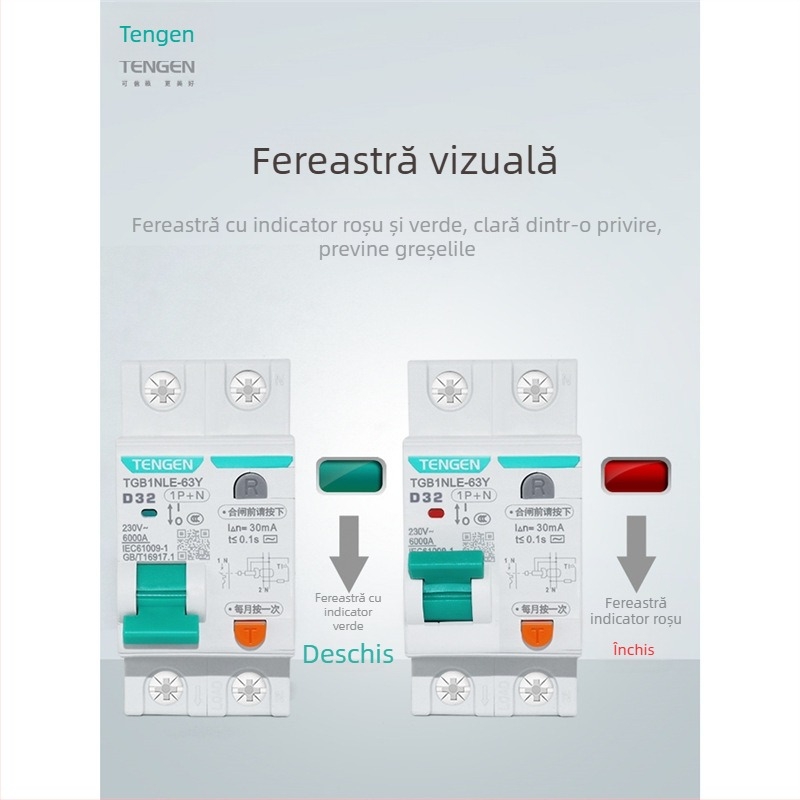 Tianzheng întrerupător de curent de scurgere, tip D, corp îngust, model TGB1NLE-63Y, tip putere, întrerupător mic de scurgere