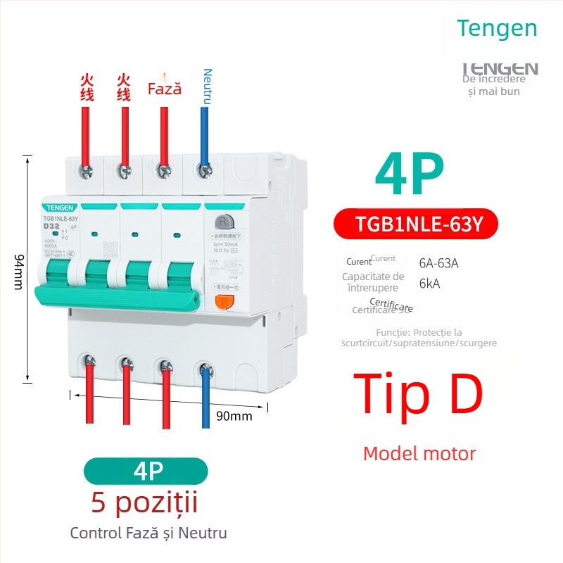 Tianzheng întrerupător de curent de scurgere, tip D, corp îngust, model TGB1NLE-63Y, tip putere, întrerupător mic de scurgere