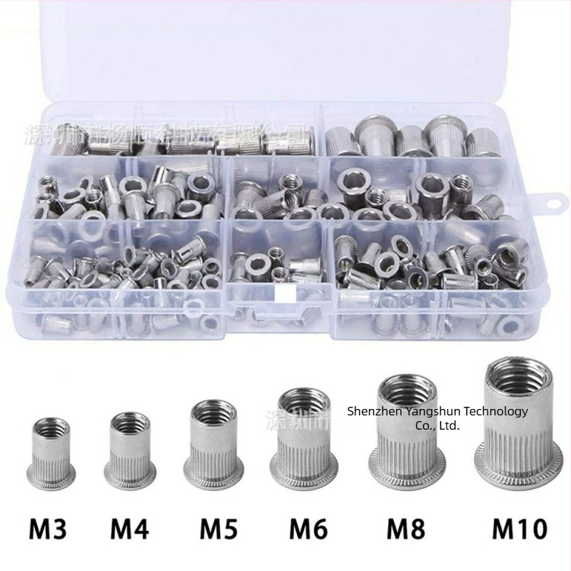 Kit de 165 bucăți rivet-nuts din oțel inoxidabil 304, M3–M10, cap plat, model cu nervuri verticale