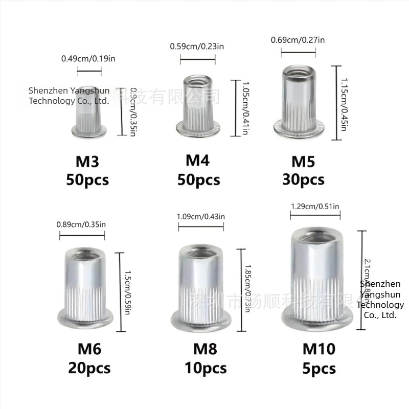 Kit de 165 bucăți rivet-nuts din oțel inoxidabil 304, M3–M10, cap plat, model cu nervuri verticale
