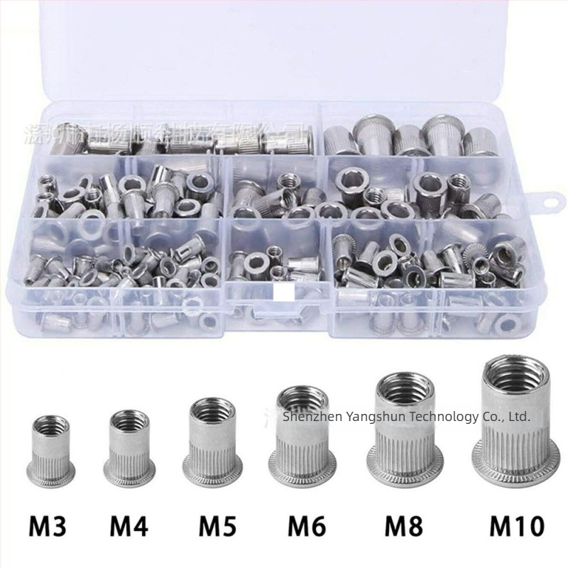 Kit de 165 bucăți rivet-nuts din oțel inoxidabil 304, M3–M10, cap plat, model cu nervuri verticale