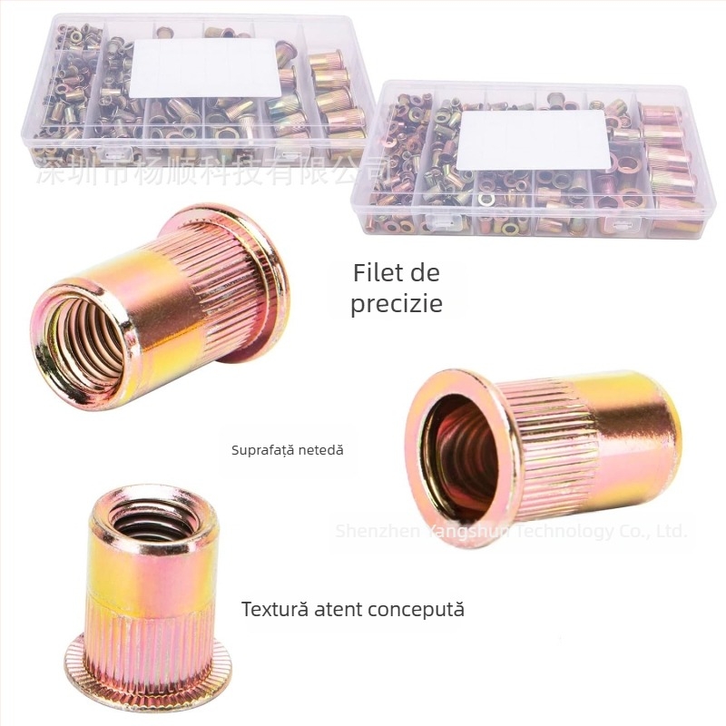 Două cutii de piulițe rivet, 400 bucăți, cap plat, caneluri verticale, oțel carbon, zincat, dimensiuni metrice și imperiale