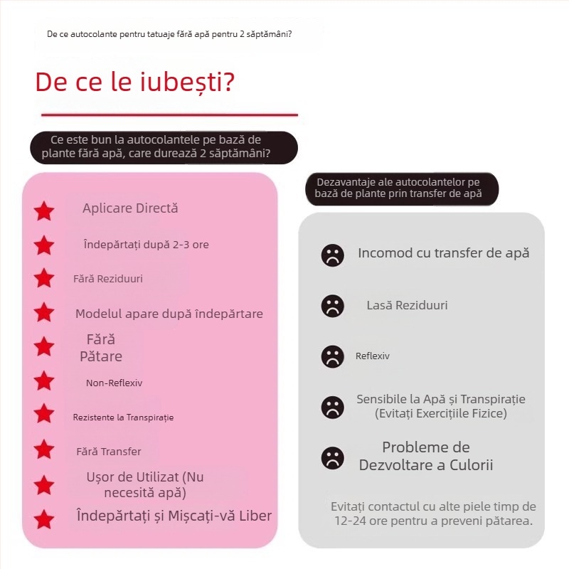 Aplicare directă fără pete, autocolante de tatuaj cu plante fără apă, de înaltă calitate, care durează două săptămâni