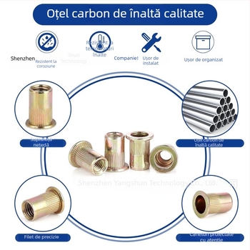 Set de 200 rivet nuts cu cap plat, nervuri verticale, oțel carbon, zincat, standard britanic