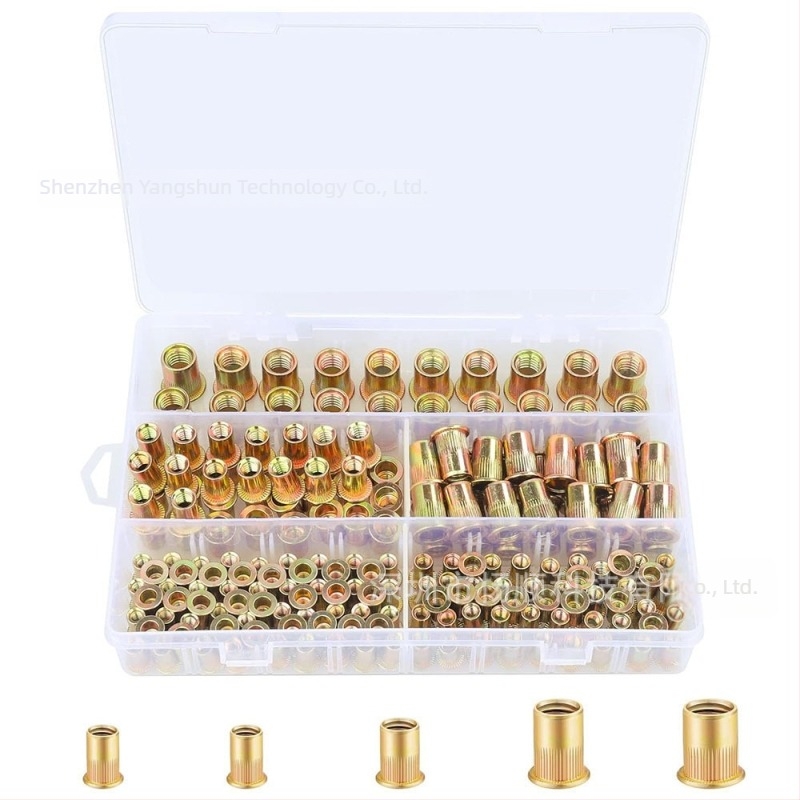 Set de 200 rivet nuts cu cap plat, nervuri verticale, oțel carbon, zincat, standard britanic