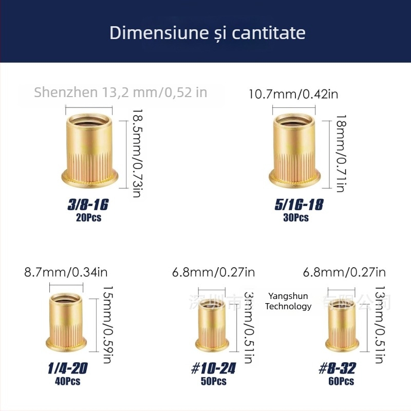 Set de 200 rivet nuts cu cap plat, nervuri verticale, oțel carbon, zincat, standard britanic
