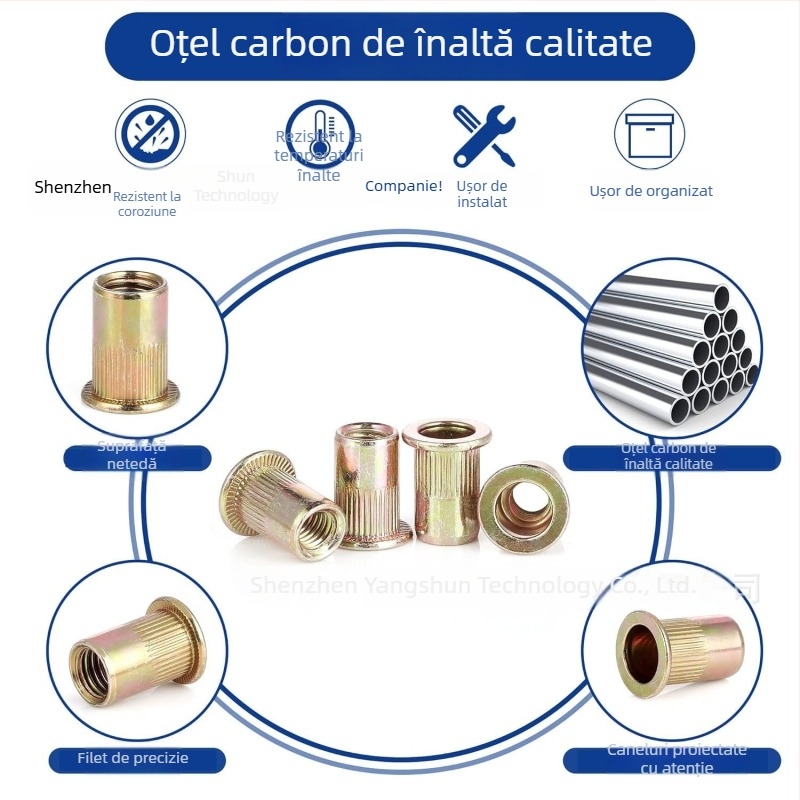 Set de 200 rivet nuts cu cap plat, nervuri verticale, oțel carbon, zincat, standard britanic