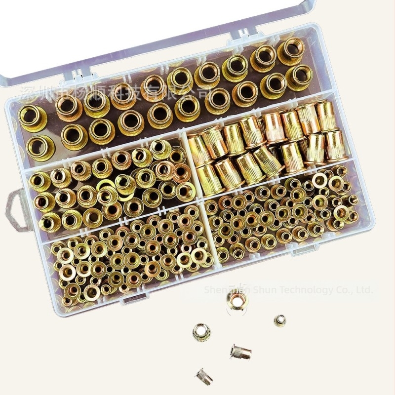 Set de 200 rivet nuts cu cap plat, nervuri verticale, oțel carbon, zincat, standard britanic