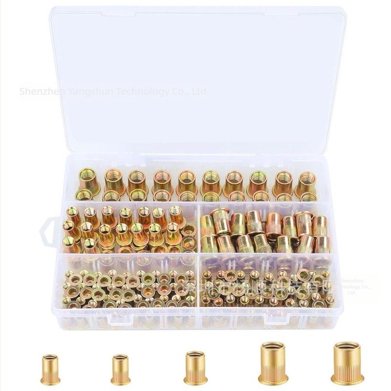 Set de 200 rivet nuts cu cap plat, nervuri verticale, oțel carbon, zincat, standard britanic