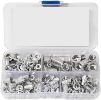 Set de piulițe rivet din aluminiu, cu cap plat, caneluri verticale, M3–M8, 100 buc., în cutie