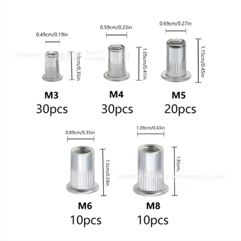 Set de piulițe rivet din aluminiu, cu cap plat, caneluri verticale, M3–M8, 100 buc., în cutie