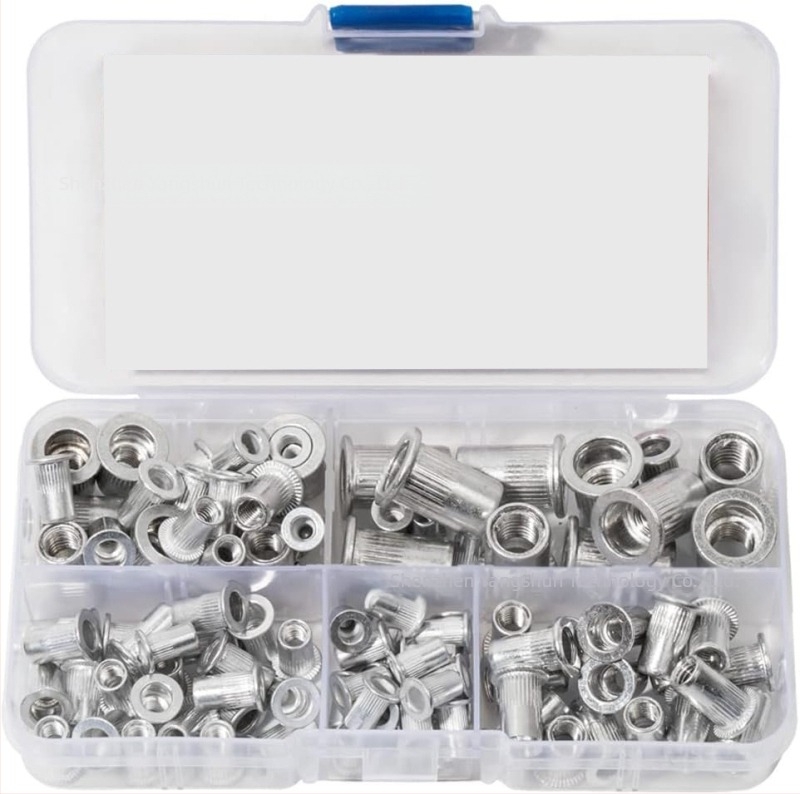 Set de piulițe rivet din aluminiu, cu cap plat, caneluri verticale, M3–M8, 100 buc., în cutie