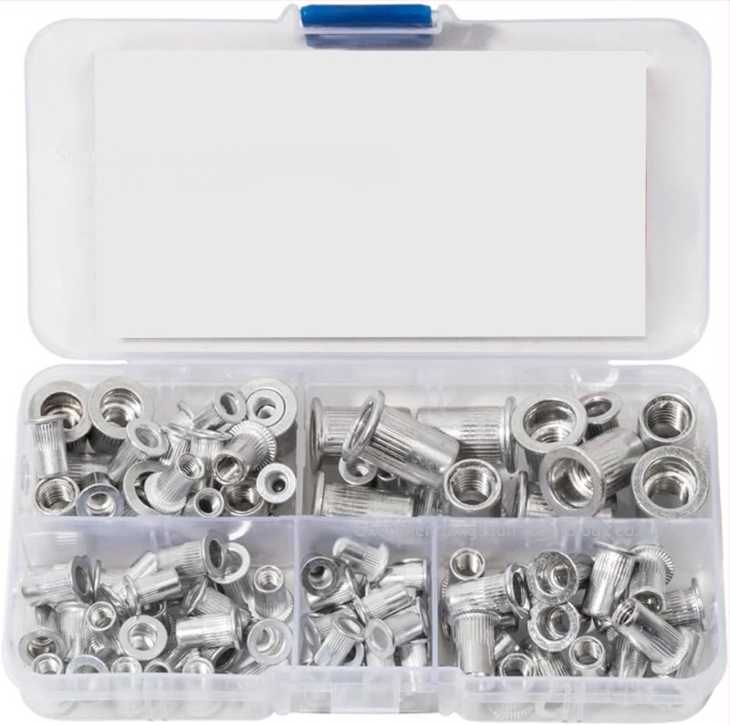 Set de piulițe rivet din aluminiu, cu cap plat, caneluri verticale, M3–M8, 100 buc., în cutie