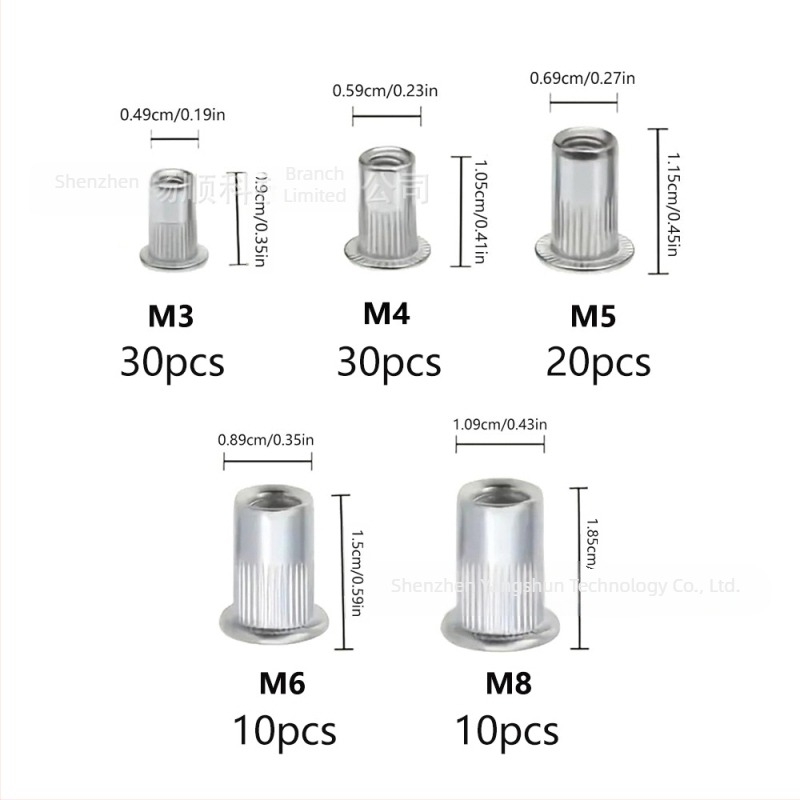 Set de piulițe rivet din aluminiu, cu cap plat, caneluri verticale, M3–M8, 100 buc., în cutie