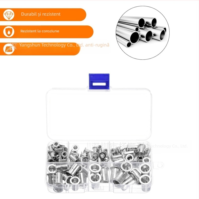 Set de piulițe rivet din aluminiu, cu cap plat, caneluri verticale, M3–M8, 100 buc., în cutie