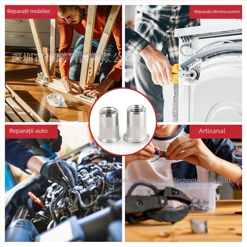Set de piulițe rivet din aluminiu, cu cap plat, caneluri verticale, M3–M8, 100 buc., în cutie