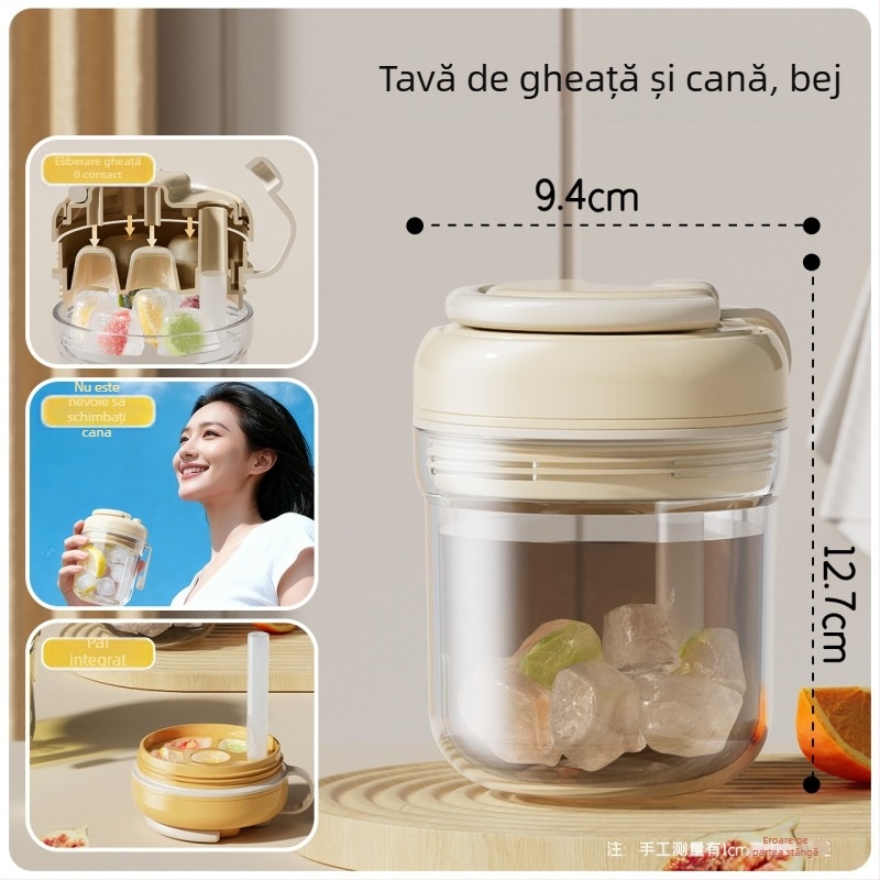 Formă 3 în 1 pentru cuburi de gheață, cu pahar de călătorie și sticlă de apă – tip presiune, calitate alimentară