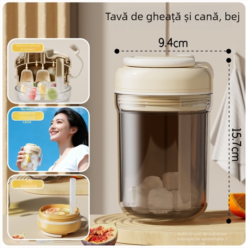 Formă 3 în 1 pentru cuburi de gheață, cu pahar de călătorie și sticlă de apă – tip presiune, calitate alimentară